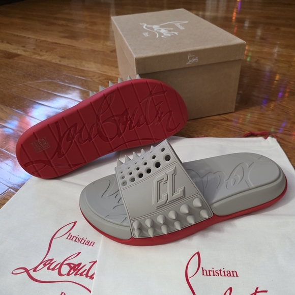 Christian Louboutin Gray Slide Sandals with Red Sole main image 11